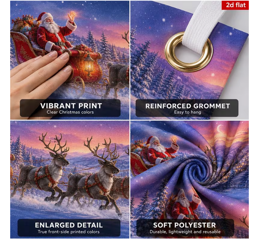 Kerst Tuinbanner Spandoek 200 x 40 cm – Kerstman & Rendier – Waterdichte Buitenbanner met Metalen Oogjes + 6 Meter Ophangtouw