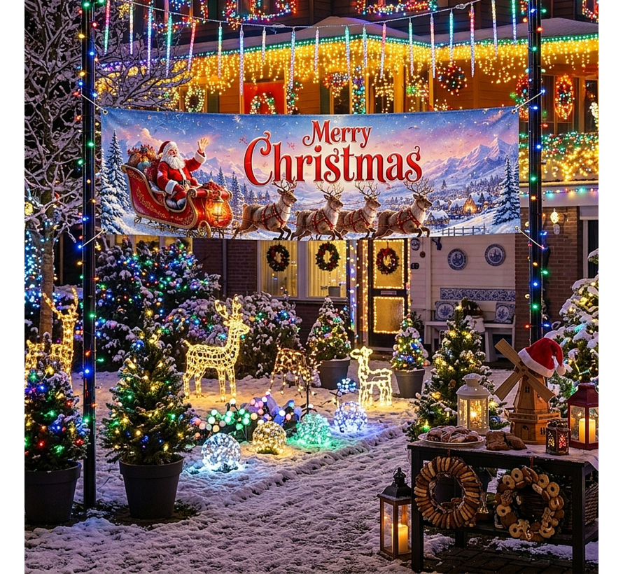 Kerst Tuinbanner Spandoek 200 x 40 cm – Kerstman & Rendier – Waterdichte Buitenbanner met Metalen Oogjes + 6 Meter Ophangtouw