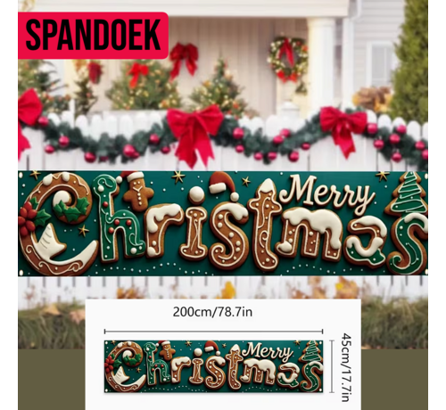 Allernieuwste.nl® Kerst Tuinbanner Spandoek 200 x 45 cm – Vrolijk Peperkoek Design – Waterdichte Kerstbanner voor Binnen & Buiten
