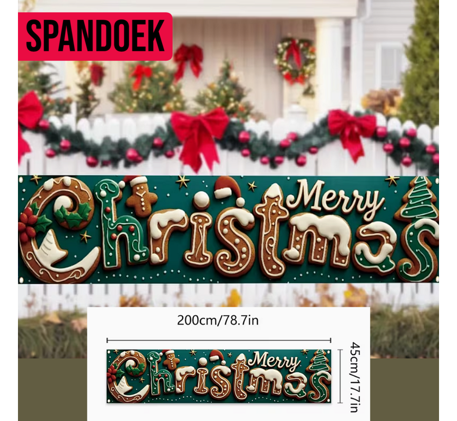 Kerst Tuinbanner Spandoek 200 x 45 cm – Vrolijk Peperkoek Design – Waterdichte Kerstbanner voor Binnen & Buiten