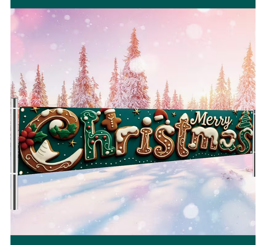 Kerst Tuinbanner Spandoek 200 x 45 cm – Vrolijk Peperkoek Design – Waterdichte Kerstbanner voor Binnen & Buiten