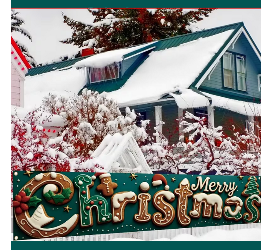 Kerst Tuinbanner Spandoek 200 x 45 cm – Vrolijk Peperkoek Design – Waterdichte Kerstbanner voor Binnen & Buiten