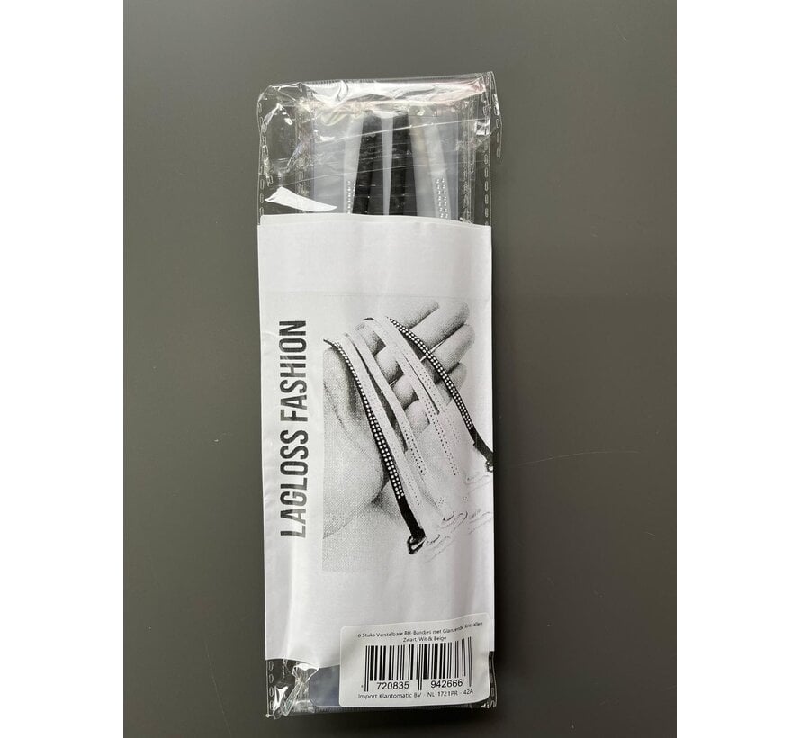 LaGloss® 6 Stuks Verstelbare BH-Bandjes met Glanzende Kristallen – Zwart, Wit & Beige