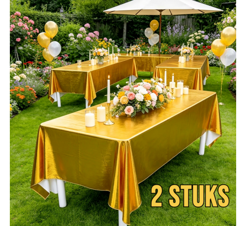 Allernieuwste.nl® 2 Stuks Metallic Gouden Tafelkleden 137 x 274 cm – Feestelijke Wegwerp Tafeldecoratie – Goud Tafelkleed voor Kerst, Bruiloft, Verjaardag & Feest