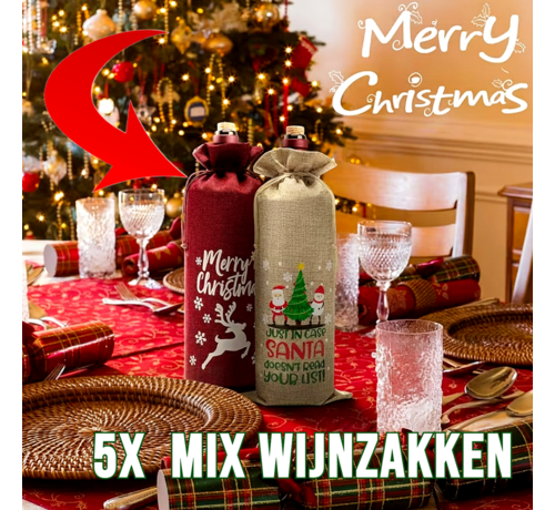 Allernieuwste.nl® 5 Stuks Kerst Wijnfles Zakjes 34x14 cm Wijnverpakking – Herbruikbare Fleshoezen met Kerstprint