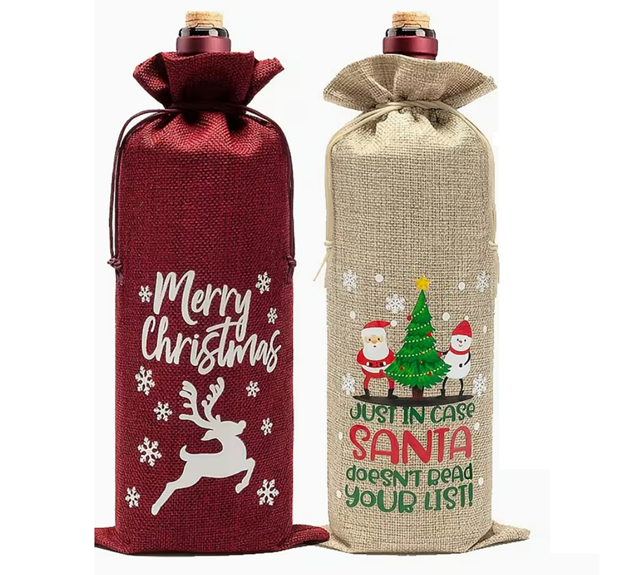 5 Stuks Kerst Wijnfles Zakjes 34x14 cm Wijnverpakking – Herbruikbare Fleshoezen met Kerstprint