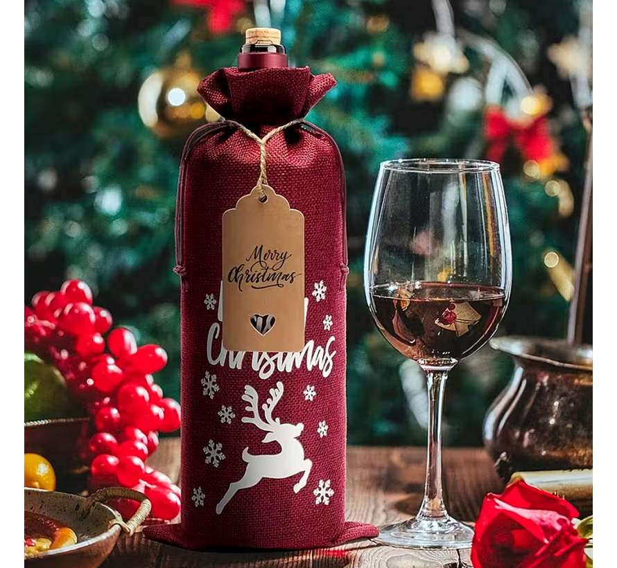 5 Stuks Kerst Wijnfles Zakjes 34x14 cm Wijnverpakking – Herbruikbare Fleshoezen met Kerstprint