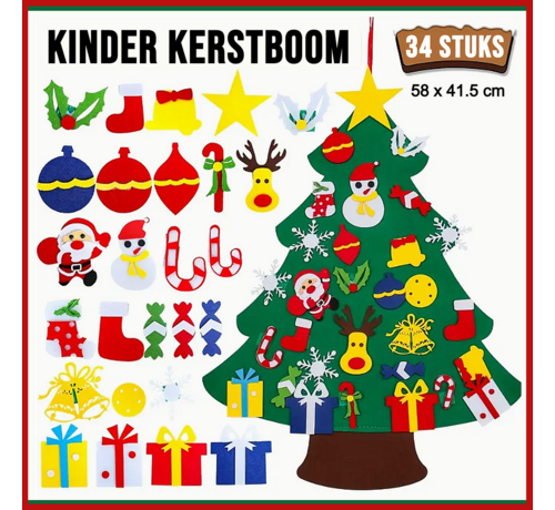 Allernieuwste.nl® Kinder Kerstboom 34 Onderdelen Vilt Klittenband 58 cm - Muur Knutsel Kerst Boom Kinderen