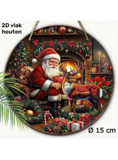 Allernieuwste.nl Kerst Wanddecoratie Kerstman & Rendier Ø 15 cm – Ronde Houten Kersthanger met Koord