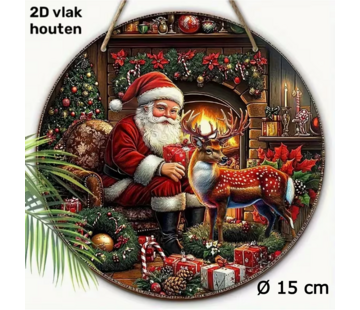 Allernieuwste.nl Kerst Wanddecoratie Kerstman & Rendier Ø 15 cm – Ronde Houten Kersthanger met Koord