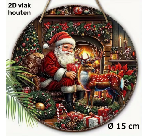 Allernieuwste.nl Allernieuwste.nl® Kerst Wanddecoratie Kerstman & Rendier Ø 15 cm – Ronde Houten Kersthanger met Koord – Voor Muur, Deur en Voordeur