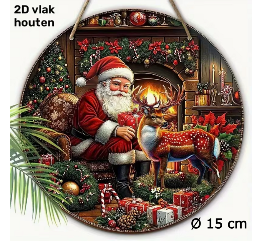 Allernieuwste.nl® Kerst Wanddecoratie Kerstman & Rendier Ø 15 cm – Ronde Houten Kersthanger met Koord – Voor Muur, Deur en Voordeur