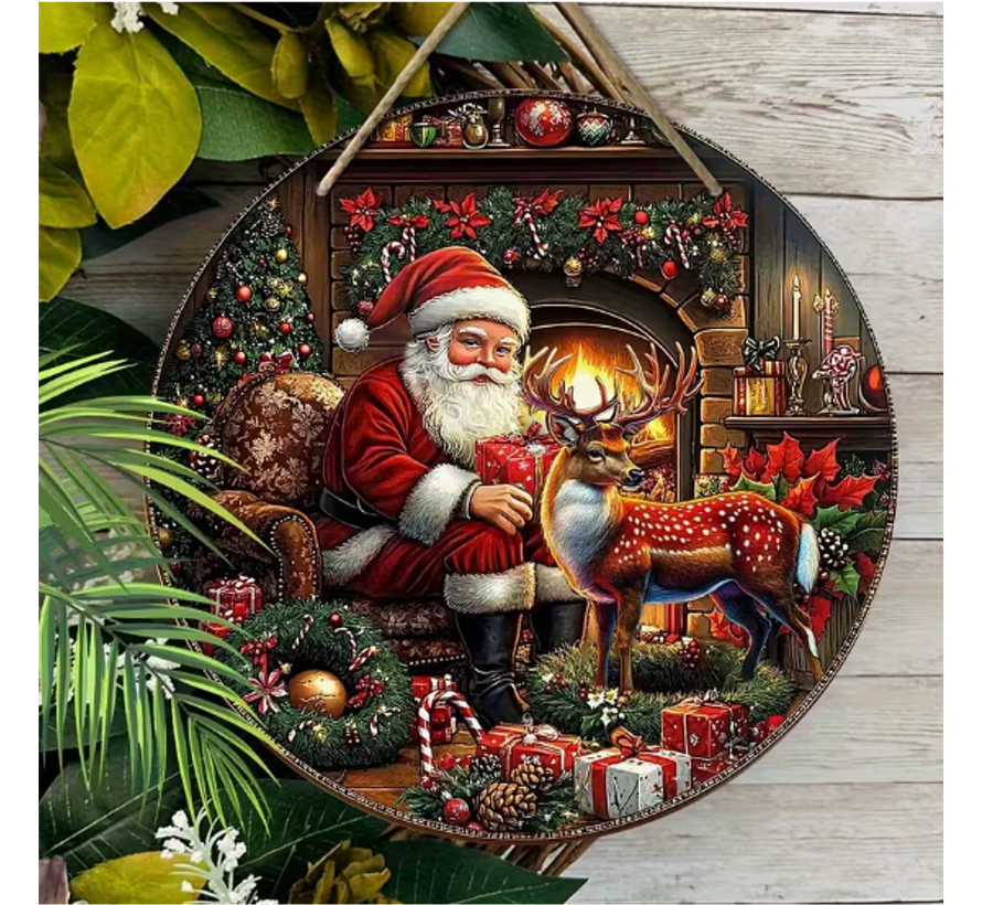 Allernieuwste.nl® Kerst Wanddecoratie Kerstman & Rendier Ø 15 cm – Ronde Houten Kersthanger met Koord – Voor Muur, Deur en Voordeur