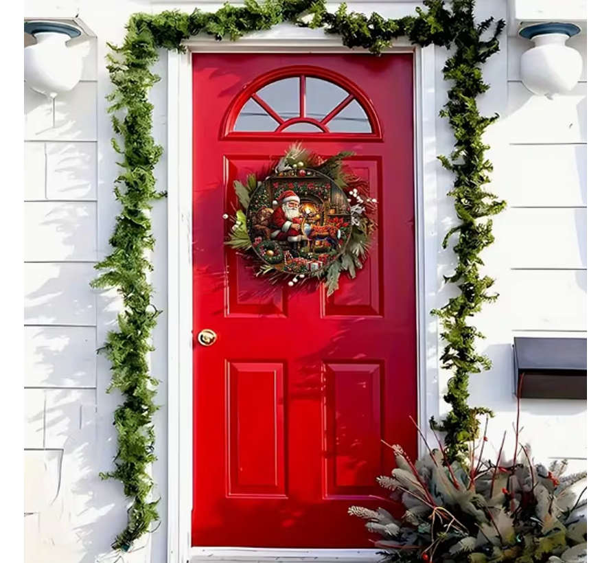 Allernieuwste.nl® Kerst Wanddecoratie Kerstman & Rendier Ø 15 cm – Ronde Houten Kersthanger met Koord – Voor Muur, Deur en Voordeur
