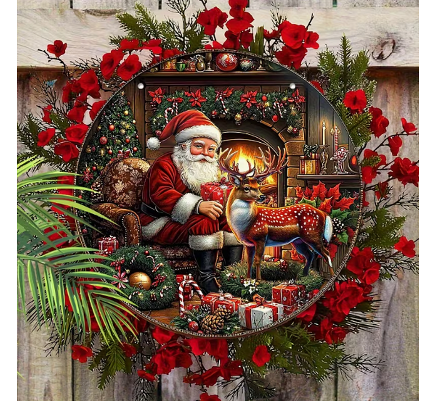 Allernieuwste.nl® Kerst Wanddecoratie Kerstman & Rendier Ø 15 cm – Ronde Houten Kersthanger met Koord – Voor Muur, Deur en Voordeur