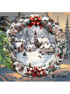 Allernieuwste.nl Kerst Wanddecoratie Huisjes met Krans Ø 15 cm – Ronde Houten Kersthanger met Koord