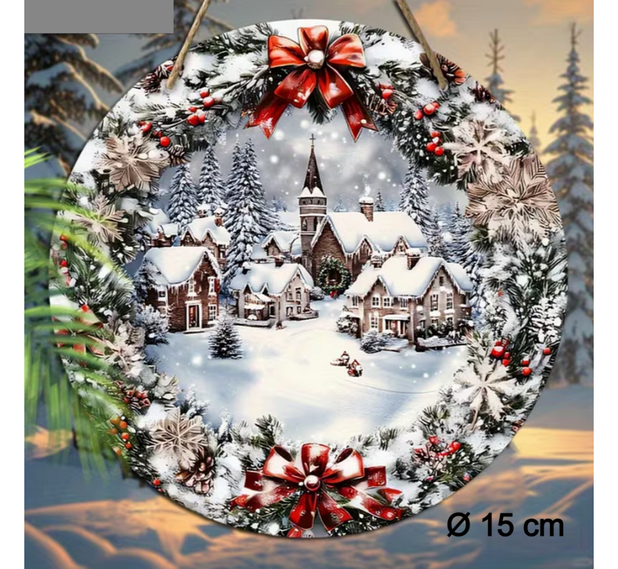 Allernieuwste.nl® Kerst Wanddecoratie Huisjes met Krans Ø 15 cm – Rond Houten Kerstbord – Winter Kersthanger met Ophangkoord voor Muur en Deur