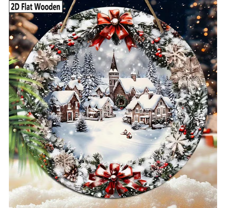 Allernieuwste.nl® Kerst Wanddecoratie Huisjes met Krans Ø 15 cm – Rond Houten Kerstbord – Winter Kersthanger met Ophangkoord voor Muur en Deur