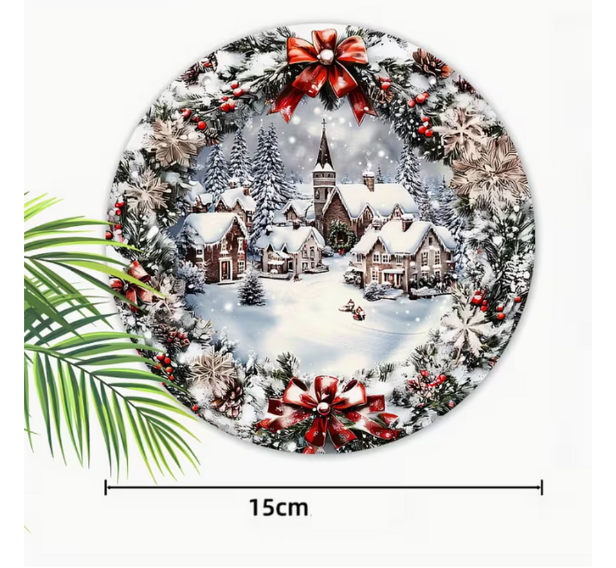 Allernieuwste.nl® Kerst Wanddecoratie Huisjes met Krans Ø 15 cm – Rond Houten Kerstbord – Winter Kersthanger met Ophangkoord voor Muur en Deur