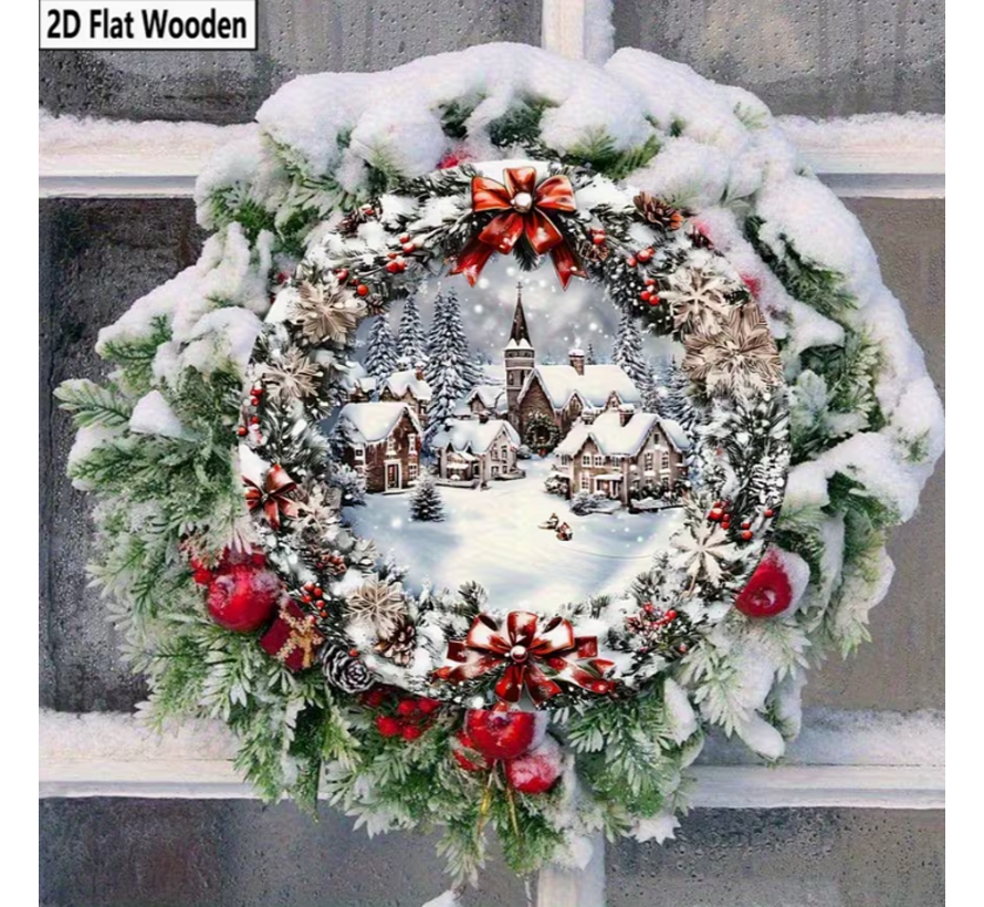 Allernieuwste.nl® Kerst Wanddecoratie Huisjes met Krans Ø 15 cm – Rond Houten Kerstbord – Winter Kersthanger met Ophangkoord voor Muur en Deur