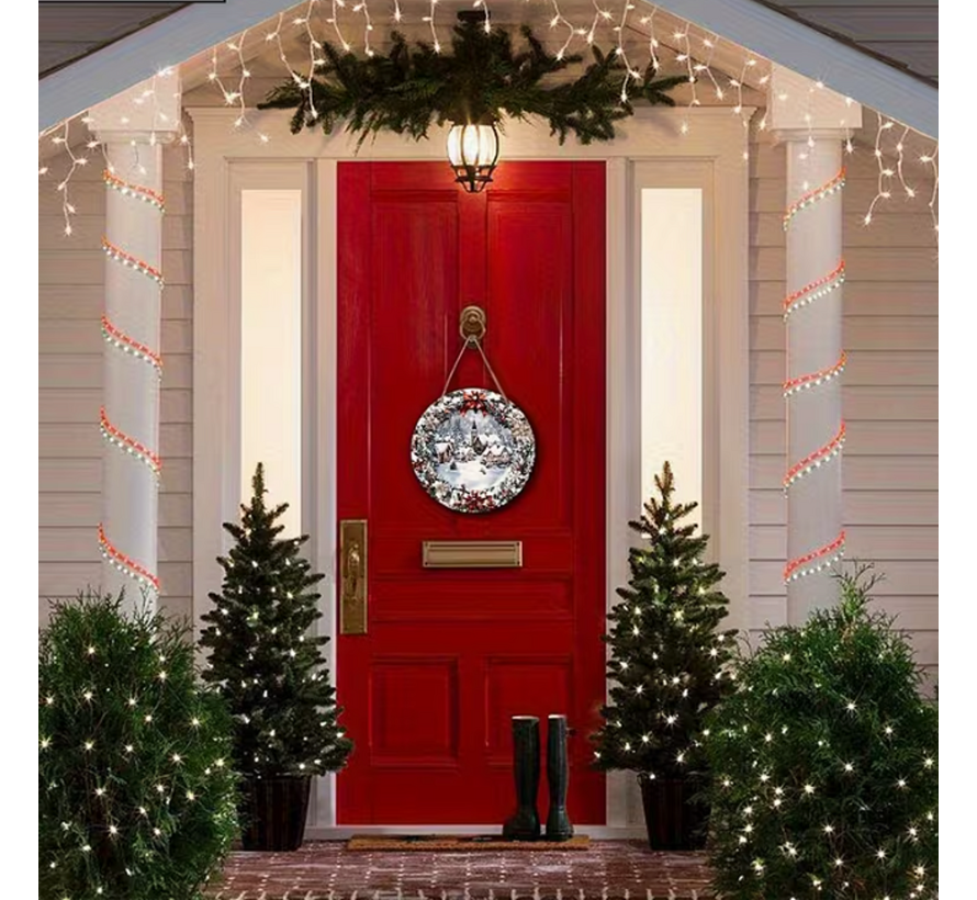 Allernieuwste.nl® Kerst Wanddecoratie Huisjes met Krans Ø 15 cm – Rond Houten Kerstbord – Winter Kersthanger met Ophangkoord voor Muur en Deur