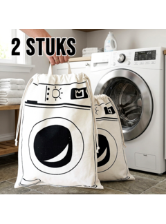 Allernieuwste.nl® 2 stuks Waszakken met Wasmachine Print - wit/zwart - 65 x 47 cm
