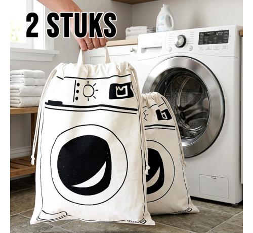 Allernieuwste.nl® 2 Stuks Waszakken met Wasmachine Print - Wasgoed Opbergtas met Trekkoord - Badkamer Was Zak - Laundry Bag - wit-zwart - 65 x 47 cm