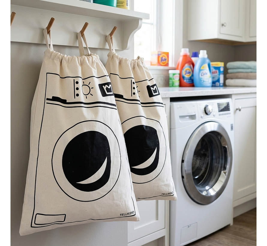 2 Stuks Waszakken met Wasmachine Print - Wasgoed Opbergtas met Trekkoord - Badkamer Was Zak - Laundry Bag - wit-zwart - 65 x 47 cm