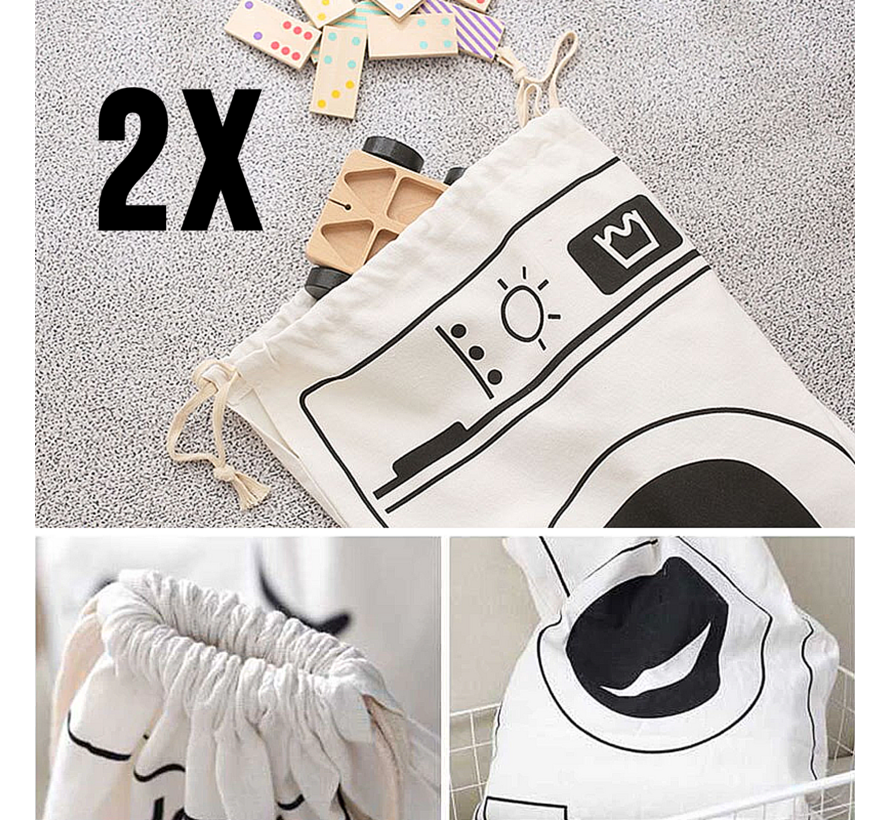 2 Stuks Waszakken met Wasmachine Print - Wasgoed Opbergtas met Trekkoord - Badkamer Was Zak - Laundry Bag - wit-zwart - 65 x 47 cm