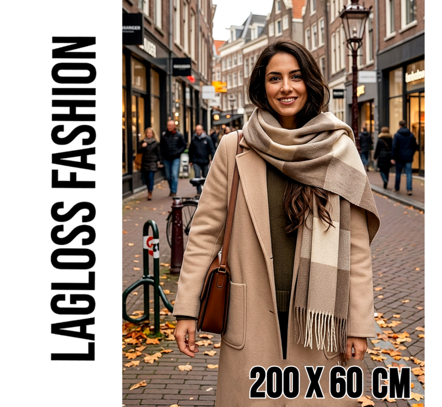 LaGloss® Dikke Lange Winter Sjaal Dames Beige Multicolor – Zachte Warme Sjaal met Kleurblokken - 200 x 60 cm