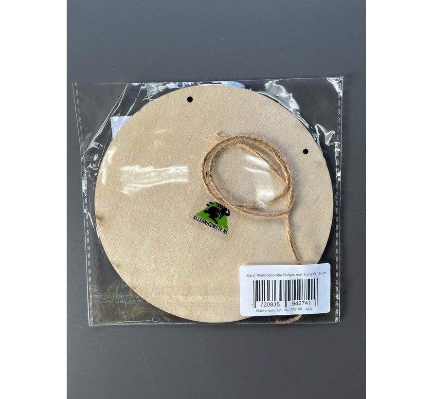 Allernieuwste.nl® Kerst Wanddecoratie Huisjes met Krans Ø 15 cm – Rond Houten Kerstbord – Winter Kersthanger met Ophangkoord voor Muur en Deur