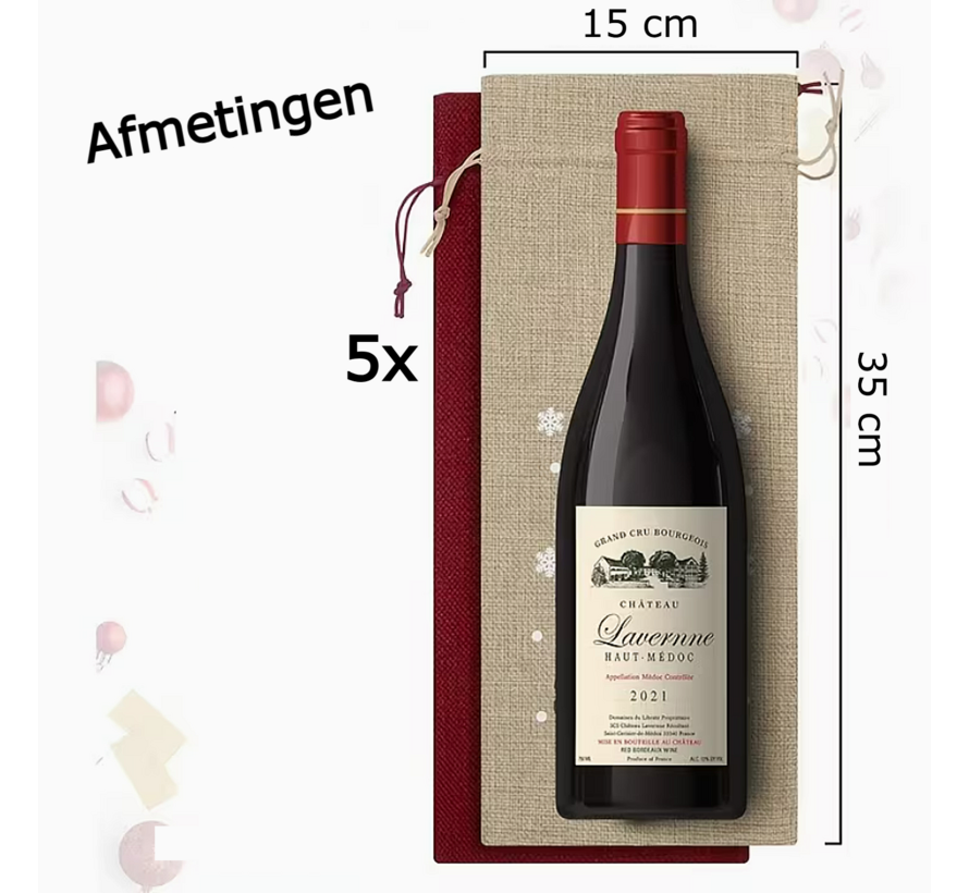 5 Stuks Kerst Wijnfles Zakjes 34x14 cm Wijnverpakking – Herbruikbare Fleshoezen met Kerstprint