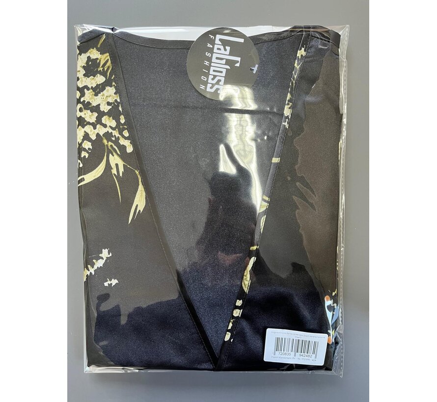 LaGloss® Elegante Kimono Dames Ochtendjas Zwart met Bloemenprint - Lichtgewicht Badjas - Maat S