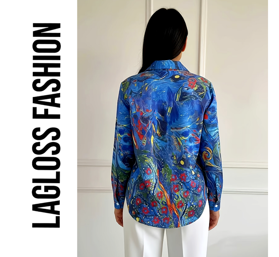 LaGloss® Dames Blouse Blauw met Artistieke Bloemenprint met Lange Mouwen - Maat S