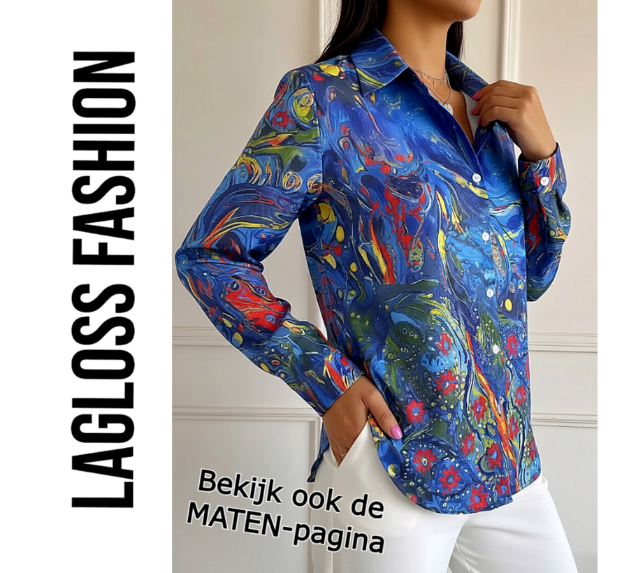 LaGloss® Dames Blouse Blauw met Artistieke Bloemenprint met Lange Mouwen - Maat S