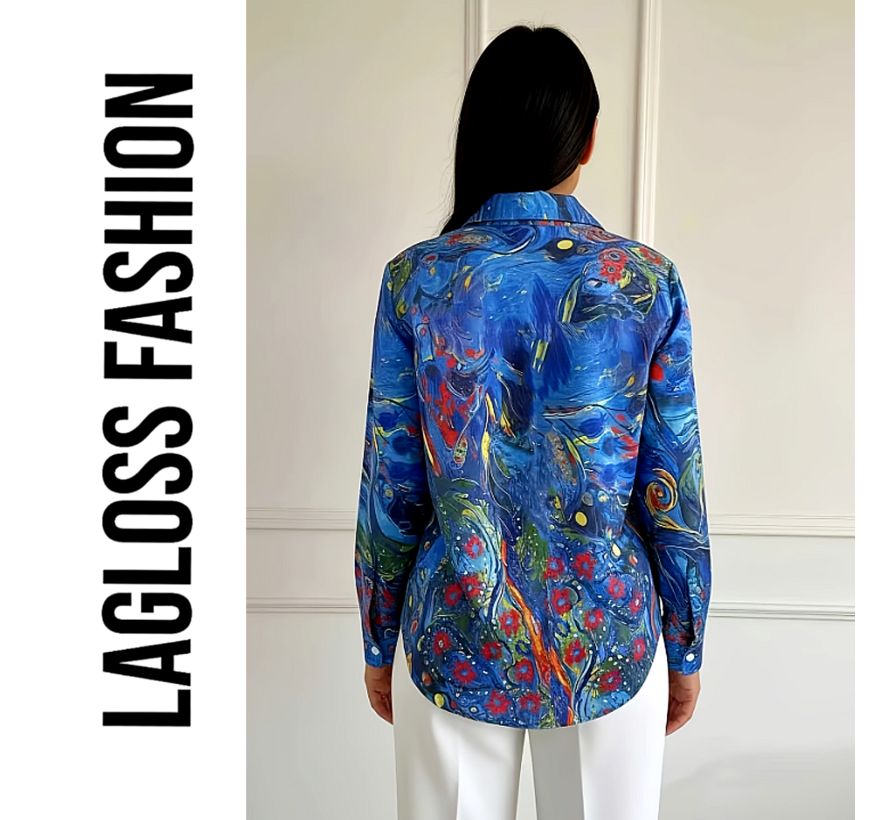 LaGloss® Dames Blouse Blauw met Artistieke Bloemenprint met Lange Mouwen - Maat L