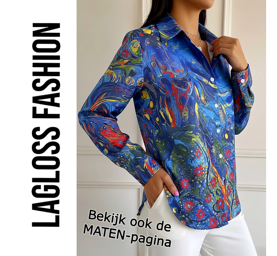 LaGloss® Dames Blouse Blauw met Artistieke Bloemenprint met Lange Mouwen - Maat L