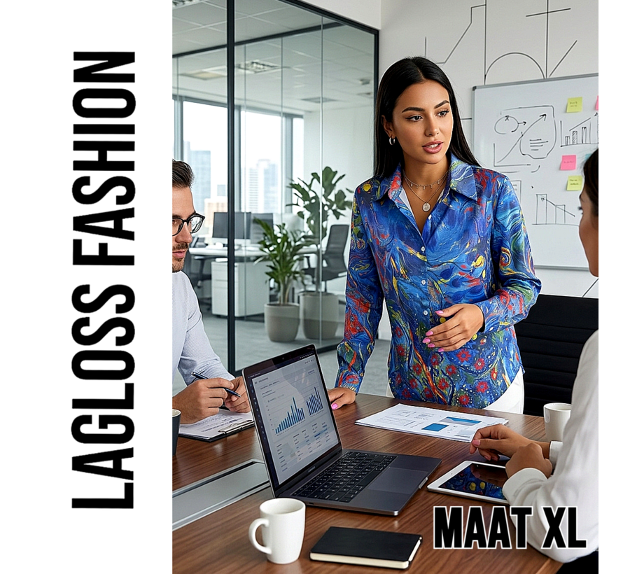 LaGloss® Dames Blouse Blauw met Artistieke Bloemenprint met Lange Mouwen - Maat XL