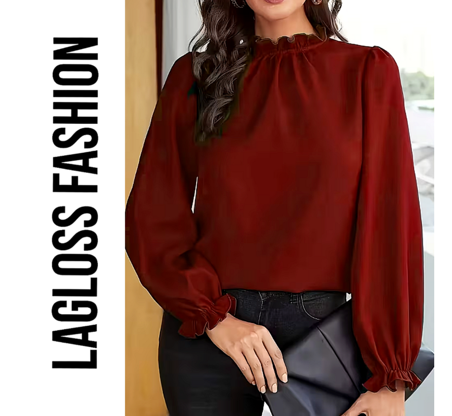 LaGloss® Bordeauxrode Blouse Dames, Elegante Blouse met Pofmouwen en Ruchekraag - Maat S