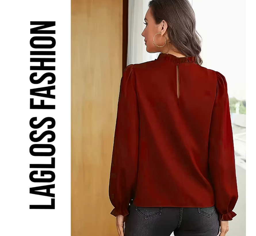 LaGloss® Bordeauxrode Blouse Dames, Elegante Blouse met Pofmouwen en Ruchekraag - Maat M