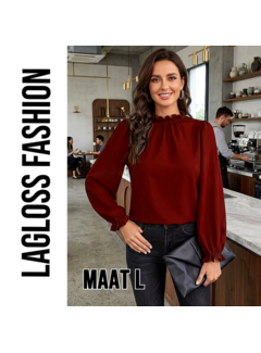 LaGloss Bordeauxrode Blouse Dames, Elegante Blouse met Pofmouwen en Ruchekraag - Maat L