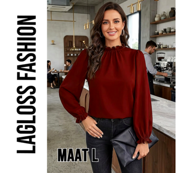 LaGloss Bordeauxrode Blouse Dames, Elegante Blouse met Pofmouwen en Ruchekraag - Maat L
