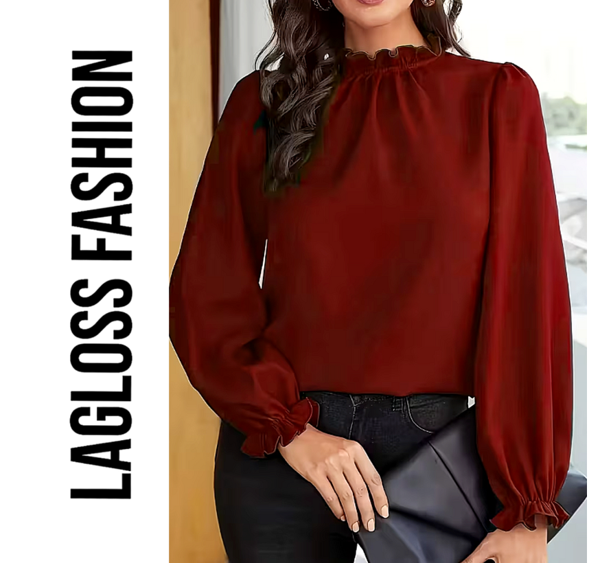 LaGloss® Bordeauxrode Blouse Dames, Elegante Blouse met Pofmouwen en Ruchekraag - Maat XL