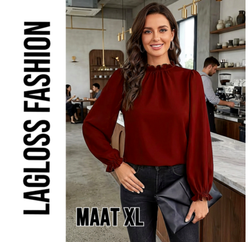 LaGloss Bordeauxrode Blouse Dames, Elegante Blouse met Pofmouwen en Ruchekraag - Maat XL