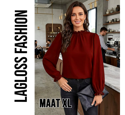LaGloss LaGloss® Bordeauxrode Blouse Dames, Elegante Blouse met Pofmouwen en Ruchekraag - Maat XL