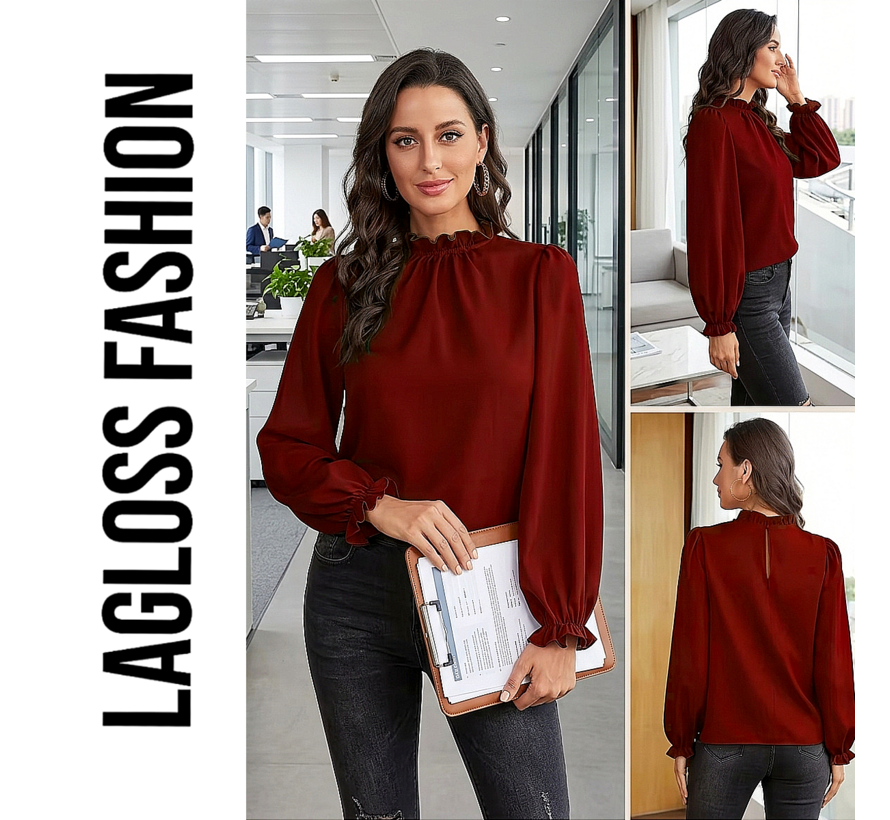 LaGloss® Bordeauxrode Blouse Dames, Elegante Blouse met Pofmouwen en Ruchekraag - Maat XXL