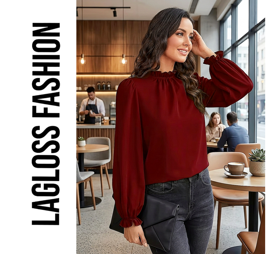 LaGloss® Bordeauxrode Blouse Dames, Elegante Blouse met Pofmouwen en Ruchekraag - Maat XXL