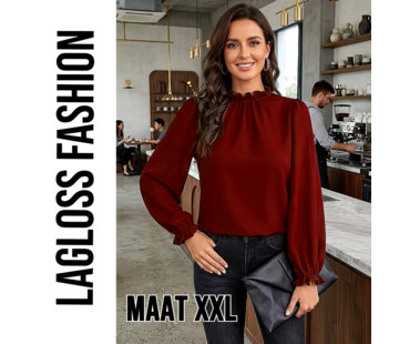 LaGloss Bordeauxrode Blouse Dames, Elegante Blouse met Pofmouwen en Ruchekraag - Maat XXL