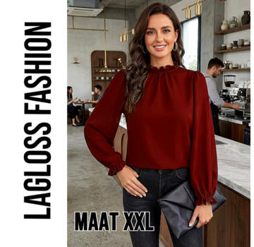 LaGloss Bordeauxrode Blouse Dames, Elegante Blouse met Pofmouwen en Ruchekraag - Maat XXL