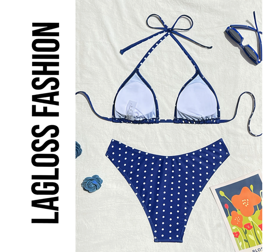 LaGloss® 2-Delige Bikini Set Blauw met Stippen – Comfortabele Zwemkleding voor Strand, Zwembad & Zeevakantie - Maat XS